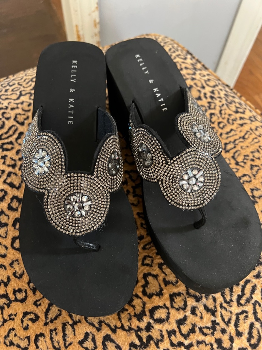 Kelly & Katie Black Jeweled Wedge Thong Sandals